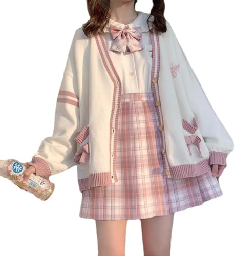 Damen Avantgarde Ästhetische Niedliche College Style Strickjacke Pullover Y2K Kawaii Strickwaren Lose Lässige Mode Cosplay Bogen Strickjacke (Rosa,XL) von Yancremio