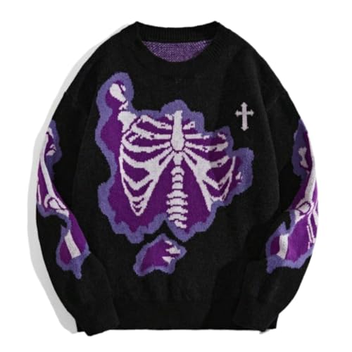 Damen Gothic Totenkopf Muster Oversized Pullover Rundhalsausschnitt Langarm Pullover Pullover Mode Casual Loose Avant-Garde Pullover (Schwarz,M) von Yancremio