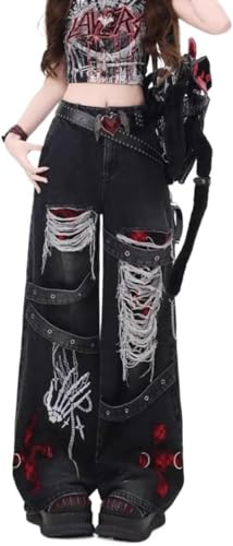 Damen Jeans Im Retro Look Mit Dunklem Gothic Punk Schnitt Für Frühling Und Herbst Y2K Mode Lässig Street Trend Hohe Taille Lockere Jeans Mit Weitem Bein (Blau,L) von Yancremio