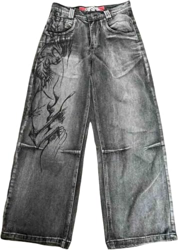 Damen Jeans im Retro Look mit Gothic-Print im Y2K Stil Modische lockere Punk Jeans mit weitem Bein Lässiger Street Trend Hip-Hop Harajuku gerade Jeans (Grau,M) von Yancremio
