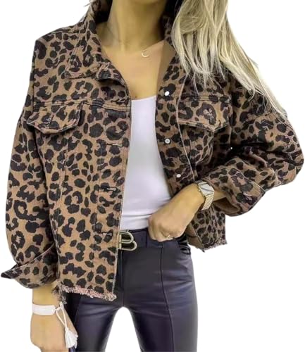 Damen Jeansjacke im Retro Leopardenmuster Modische lockere lässige Trendjacke mit Knöpfen Leichte Kurze und langärmelige Jacke für Frühling und Herbst (Leopardenmuster,M) von Yancremio