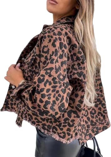 Damen Leopard Denim Jacke Y2K Mode Vintage Hip Hop Punk Leopard Knopf Denim Jacke Gothic Harajuku Klassisch Leicht Lässig Denim Jacke (Leopardenmuster,M) von Yancremio