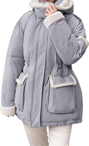 Damen Parker Mantel Mode solide Farbe Winter Daunenjacke lässig verdickt Tweed Jacke Winddicht und warm mit Kordelzug Kapuzenjacke (Grau,M) von Yancremio