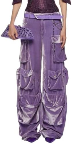 Damen Retro Fashion Lose Lässige Multipocket Samthose Y2K Hip-Hop Punk Persönlichkeit Mit Hoher Taillierter Weitbein Casual Hosen (Dunkelviolett,M) von Yancremio