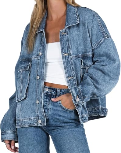 Damen Retro-Trend Lockere Lässige Oversize Jeansjacke Klassische Blaue Langarm Jeansjacke Mit Revers Und Knopfleiste Für Partys (Blau,XL) von Yancremio