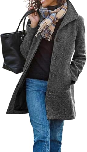 Damen Winter Tweed Mantel Retro Mode Büro einreihig mittellange Jacke elegant Trend Business lässig Revers Slim Jacke (Grau,L) von Yancremio