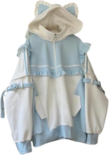 Damenmode Farbe Blockieren Kawaii Niedlich Süße Katze Ohren Hoodie Y2K Frühling Und Herbst Lose Lässig Zipper Out Hoodie (Weiß,L) von Yancremio