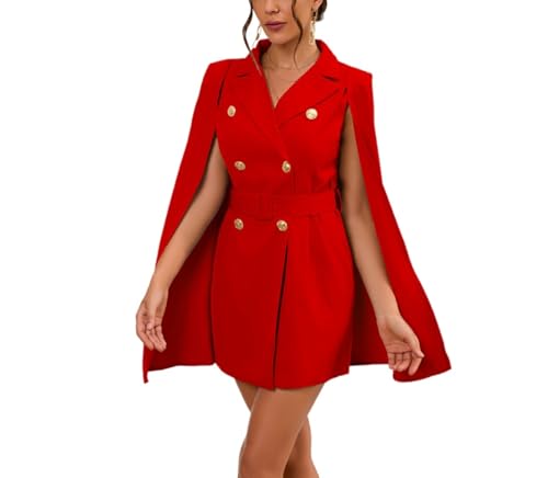 Elegantes Klassisches Und Schmales Cape-Kleid Für Damen Im Retro-Stil Für Frühling Und Herbst Modetrend Business Casual Kleid Mit Einfarbigem Zweireihigem Cape (Rot,M) von Yancremio