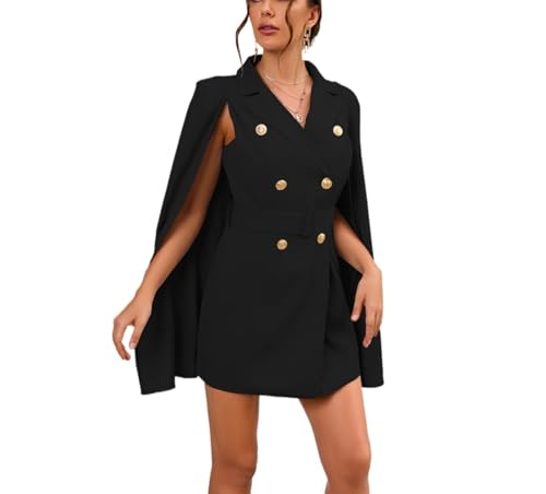 Elegantes Klassisches Und Schmales Cape-Kleid Für Damen Im Retro-Stil Für Frühling Und Herbst Modetrend Business Casual Kleid Mit Einfarbigem Zweireihigem Cape (Schwarz,M) von Yancremio