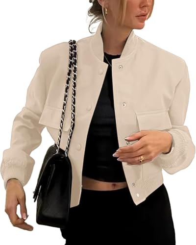 Frauen Arbeit Jacke Mode lässig Frühling und Herbst Übergang Langarm Jacke solide Farbe Business leichte Kurze Baseball Jacke (Beige,S) von Yancremio