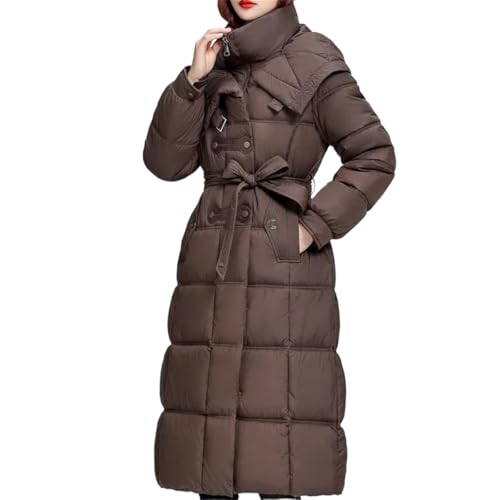 Frauen Lange verdickte warme Daunenjacke mit Kapuze Mode lässig schlank Stehkragen Winddicht Daunenjacke Winter solide Farbe Reißverschluss Jacke (Kaffee,XL) von Yancremio