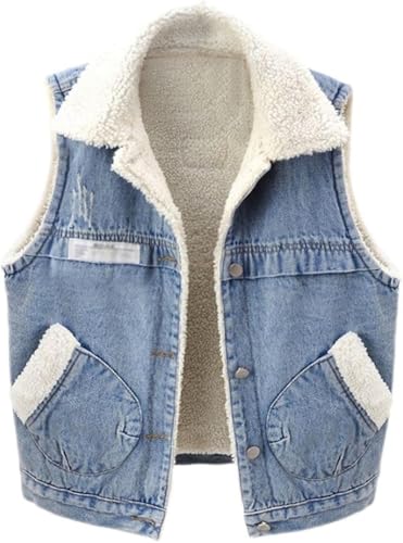 Gefütterte Jeansweste für Damen Modische lockere lässige Jeansjacke mit Revers ärmellos Vielseitige warme Jeansweste im Retro Stil für Herbst und Winter (Farbe 3,L) von Yancremio