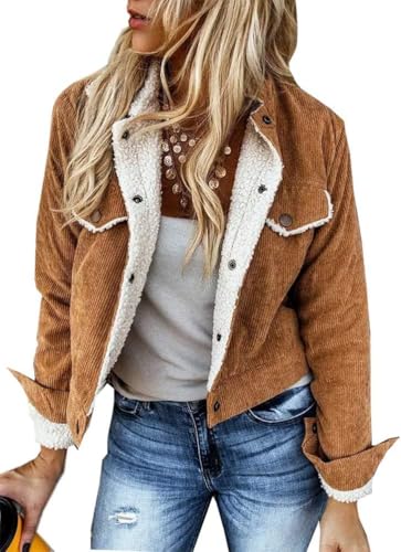 Gefütterte Winterjacke im Retro Stil für Damen Mode lässig warm Kurze Cordjacke Lockere Trendige langärmlige Knopfjacke (Braun,L) von Yancremio