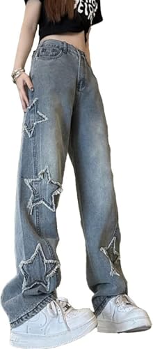 Gerade Jeans Mit Stern Print Für Damen Im Y2K-Stil Modetrend Lockere Punk Und Gothic Jeans Leichte Neutrale Harajuku Freizeithose Für Frühling Und Herbst (Blau,3XL) von Yancremio