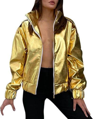 Glänzende Metallic Bikerjacke für Damen Modische lockere lässige Jacke mit Langen Ärmeln und Reißverschluss Hip-Hop Jazz Disko Partykostüm (Gold,S) von Yancremio