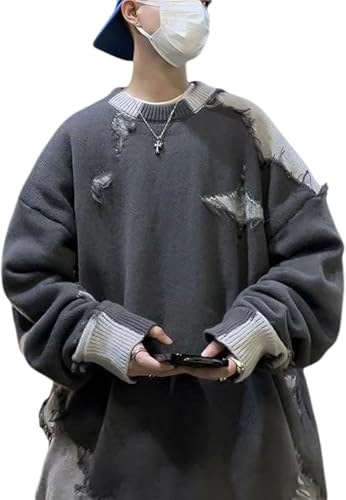 Gothic Punk Pullover Für Herren Y2K Street Hip Hop Trend Harajuku Quasten Strickpullover Lockerer Lässiger Sternpullover Für Herren Und Damen (Grau,L) von Yancremio
