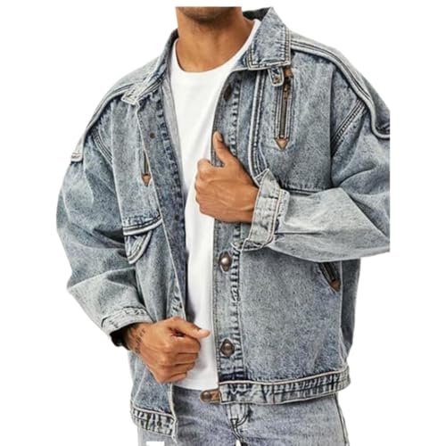 Herren Frühling Und Herbst Amerikanischer Retro Trend Mode Gewaschene Jacke Revers Lose Lässige Arbeit Outdoor Wandern Camping Multi-Pocket Jacke (Blau,L) von Yancremio
