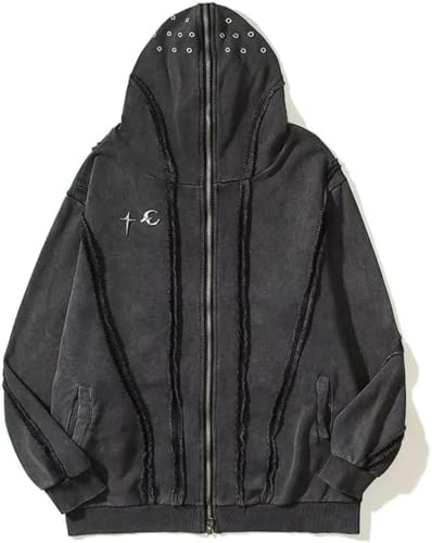 Herren Gothic Punk Hip Hop Punk Zipper Hoodie Y2K Street Trend Vintage Mode Locker Lässig Übergroß Frühling Und Herbst Leichtes Hoodie (Grau,L) von Yancremio