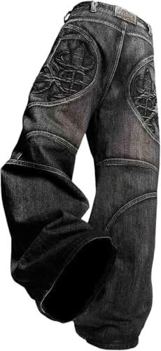 Herren Jeans im Hip-Hop Stil mit Gothic Print Y2K Mode Retro lockere Punk-Jeans mit weitem Bein Lässiger Outdoor Street Trend Harajuku gerade Jeans (Schwarz,L) von Yancremio