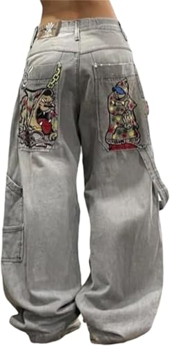 Hip-Hop Jeans für Damen im Street Trend Stil Weite Jeans im Y2K Retro Punk Print Unisex Jeans mit hoher Taille lässige Mode gerader Schnitt (Farbe 2,M) von Yancremio