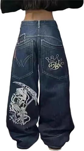 Hip-Hop Jeans für Damen im Street Trend Stil Weite Jeans im Y2K Retro Punk Print Unisex Jeans mit hoher Taille lässige Mode gerader Schnitt (Farbe 3,XXL) von Yancremio