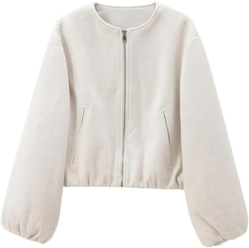 Modische Tweedjacke für Damen mit Rundhalsausschnitt Lockere langärmlige Kurze Retrojacke in Volltonfarbe mit Reißverschluss Übergroße lässige Outdoor Sportjacke (Beige,XS) von Yancremio