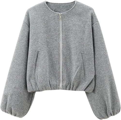 Modische Tweedjacke für Damen mit Rundhalsausschnitt Lockere langärmlige Kurze Retrojacke in Volltonfarbe mit Reißverschluss Übergroße lässige Outdoor Sportjacke (Grau,S) von Yancremio