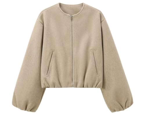 Modische Tweedjacke für Damen mit Rundhalsausschnitt Lockere langärmlige Kurze Retrojacke in Volltonfarbe mit Reißverschluss Übergroße lässige Outdoor Sportjacke (Kamel,S) von Yancremio