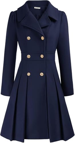 Modischer Trenchcoat für Damen Klassischer eleganter zweireihiger Tweedmantel mit Revers in A-Linie Winddichter Warmer Wintermantel für Business und Freizeit (Blau,M) von Yancremio