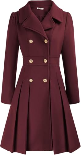 Modischer Trenchcoat für Damen Klassischer eleganter zweireihiger Tweedmantel mit Revers in A-Linie Winddichter Warmer Wintermantel für Business und Freizeit (Burgunderrot,L) von Yancremio