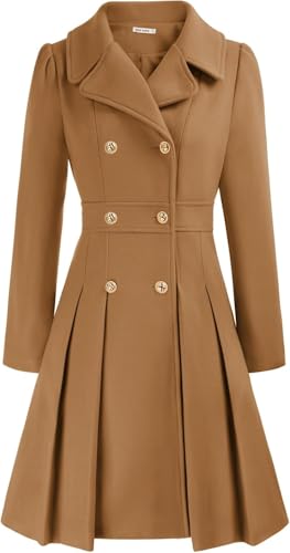 Modischer Trenchcoat für Damen Klassischer eleganter zweireihiger Tweedmantel mit Revers in A-Linie Winddichter Warmer Wintermantel für Business und Freizeit (Kamel,XL) von Yancremio