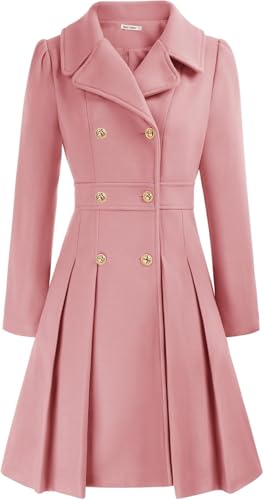 Modischer Trenchcoat für Damen Klassischer eleganter zweireihiger Tweedmantel mit Revers in A-Linie Winddichter Warmer Wintermantel für Business und Freizeit (Rosa,XXL) von Yancremio