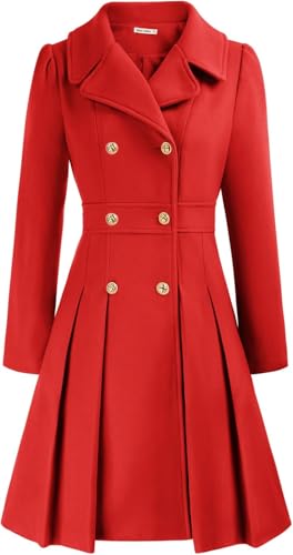 Modischer Trenchcoat für Damen Klassischer eleganter zweireihiger Tweedmantel mit Revers in A-Linie Winddichter Warmer Wintermantel für Business und Freizeit (Rot,M) von Yancremio