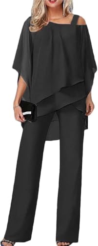 Yancremio Abendkleid Set für Damen Sexy Schulterfreies Chiffon Top und Weite Hose Cocktailparty Business Freizeit eleganter Anzug (Schwarz,XL) von Yancremio