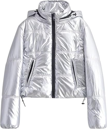 Yancremio Damen Daunenjacke mit Stehkragen und glänzender Kapuze Modische lässige Winddichte Outdoor Sportjacke Lockere Dicke Herbst und Winterjacke (Silber,L) von Yancremio