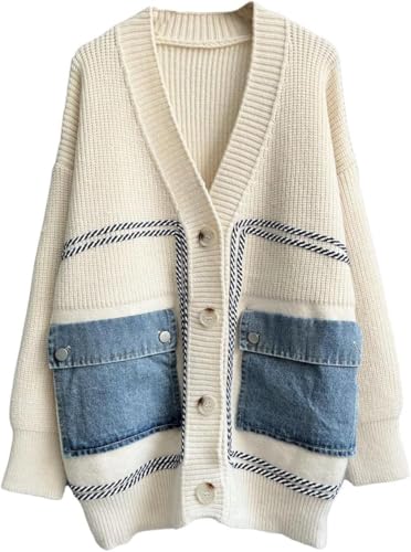 Yancremio Damen Denim Patchwork Pullover Oversized Knopf V-Ausschnitt Colorblocking gestrickte Strickjacke Herbst und Winter lose lässige warme Pullover (Beige,Einheitsgröße) von Yancremio