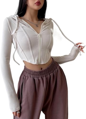 Yancremio Damen Enge Reißverschlussjacke Damen Leichte Kapuzenjacke Mode Trend Taille Schlanke Jacke Trendy Bequem Elegant Lässig Kurze Jacke (Weiß,S) von Yancremio