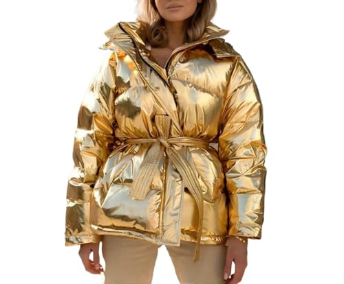 Yancremio Damen Glänzende Kapuzen Daunenjacke Winter Outdoor Sport Freizeit Mode Verdickte Daunenjacke Locker Elegant Winddicht Warm Daunenjacke (Gold,S) von Yancremio