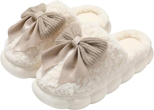 Yancremio Damen Herbst und Winter Süße Niedliche Schleife Bequeme Hausschuhe Modische Warme Rutschfeste Schlafzimmer Innen Plüsch Hausschuhe (Weiß,40-41) von Yancremio