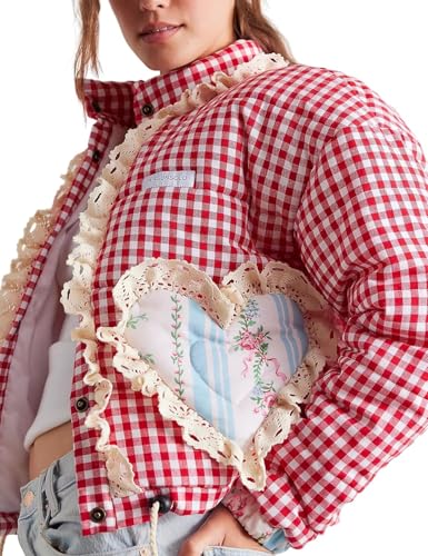 Yancremio Damen Karierte Herz Tasche Jacke Y2K Floral gedruckt Stand Kragen leichte Strickjacke Jacke Mode süß Trend lose Retro Jacke (Rot,L) von Yancremio