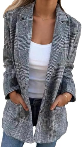 Yancremio Damen Modische Vintage Karierte Blazerjacke Revers Business Casual Einreihige Jacke Frühling und Herbst Klassischer Formaler Blazer (Farbe 1,XL) von Yancremio