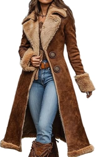 Damen Modischer Dicker Mantel Im Retro Western Stil Elegante Lockere Lässige Wattierte Warme Jacke Mittellange Winterjacke Für Partys Im Freien (Braun,S) von Yancremio