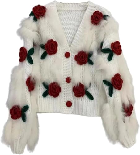 Yancremio Damen Pullover mit dreidimensionalen Blumen Modischer lockerer lässiger Cardigan mit V-Ausschnitt und Knöpfen Warmer langärmeliger Pullover für Herbst und Winter (Rot,S) von Yancremio