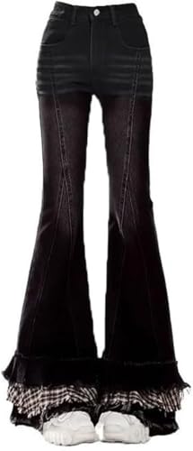 Damen Retro Karo Jeans Mit Rüschen Und Schlag Mode Süß Schlank Lässig Trendig Streetdance Straight Jeans Für Outdoor Partys (Schwarz,XL) von Yancremio