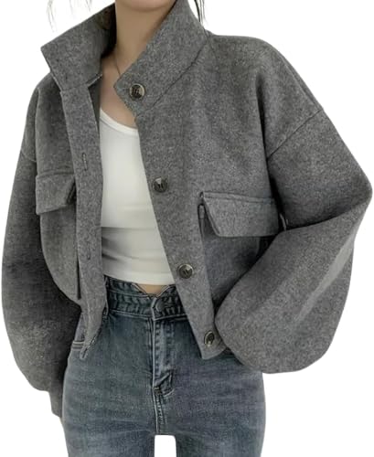 Yancremio Damen Stehkragen Wollmischung Lose Windjacke Knopf mit Taschen Kurze Jacke Mode Lässig Trend Elegant Business Jacke (Grau,M) von Yancremio