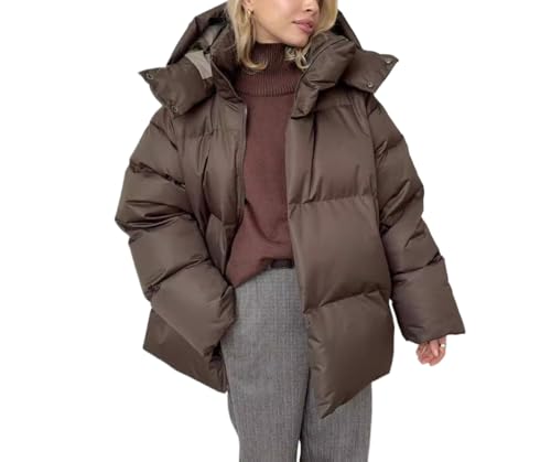 Yancremio Damen Winter Daunenjacke Mode Flauschige Winddicht Knopf Daunenjacke elegant lässig Trend im Freien warme Daunenjacke (Braun,S) von Yancremio