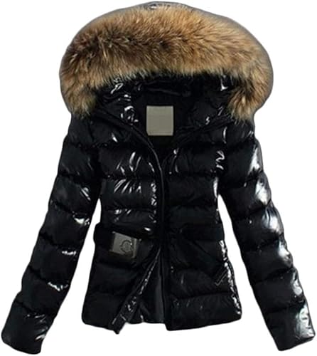 Yancremio Damen Winter Daunenjacke Mode lässig mit Pelzkragen Kapuzen Daunenjacke Outdoor Winddicht wasserdicht glänzend Daunenjacke (Schwarz,XL) von Yancremio