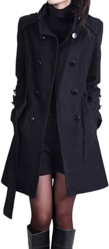 Yancremio Damen Winter Eleganter Mittellanger Trenchcoat Mode Trend Business Casual Zweireiher Trenchcoat Klassischer Revers Trenchcoat (Schwarz,L) von Yancremio