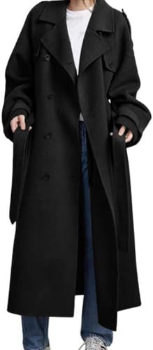 Yancremio Damen Winter Revers Zweireiher Wollmantel Mode Business Lose Freizeit Langer Windbreaker Klassisch Elegant Warm Winddicht Jacke (Schwarz,L) von Yancremio