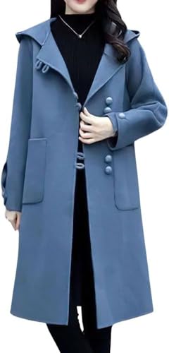 Yancremio Damen Winter einreihig mit Kapuze Wollmantel Mode lässig schlank Trend Wollmischung Mantel elegant Business überdimensioniert Taschen Mantel (Blau,XL) von Yancremio